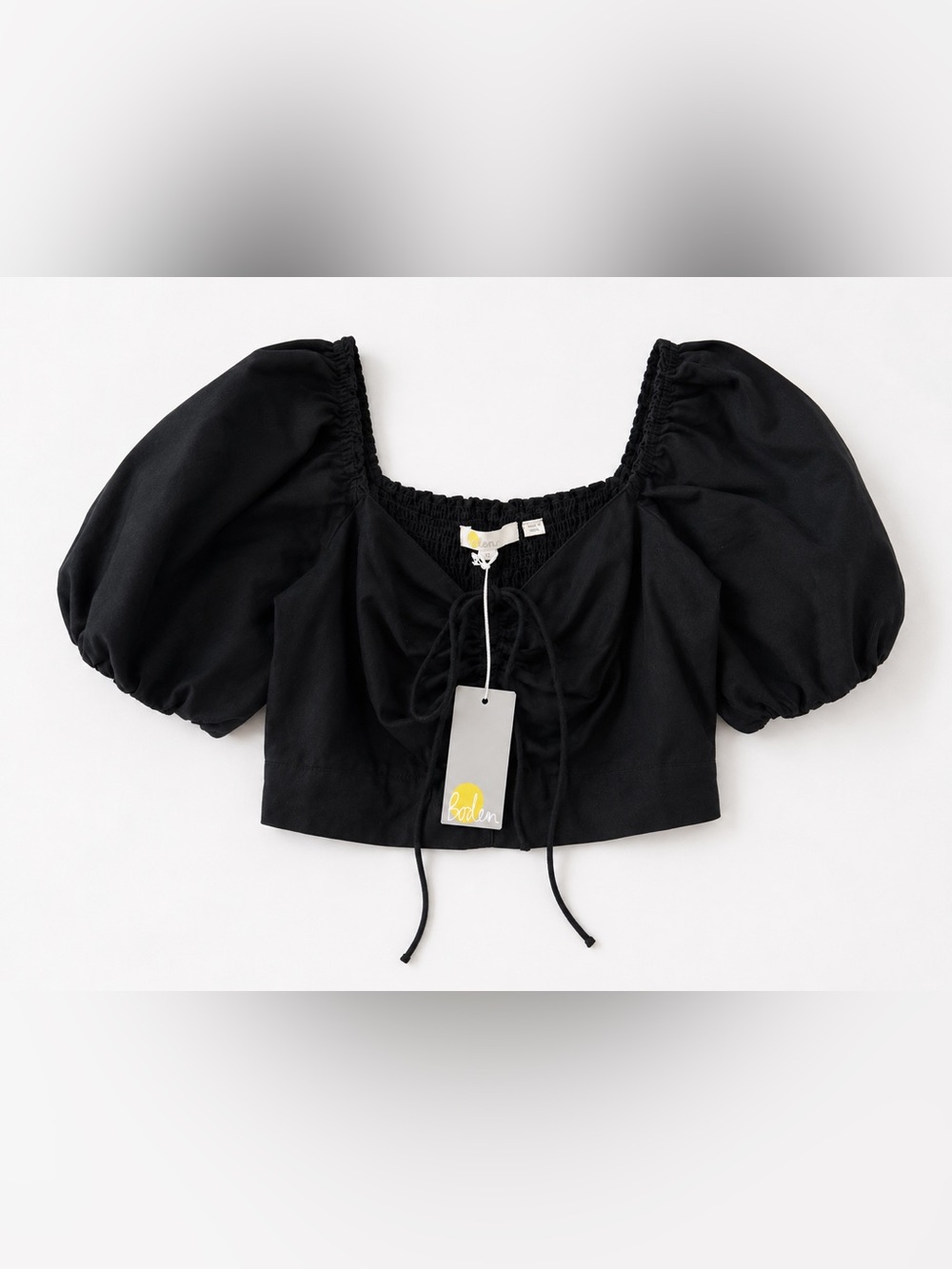 Boden NWT Linen Black Puff-Sleeve Cropped Top US 8